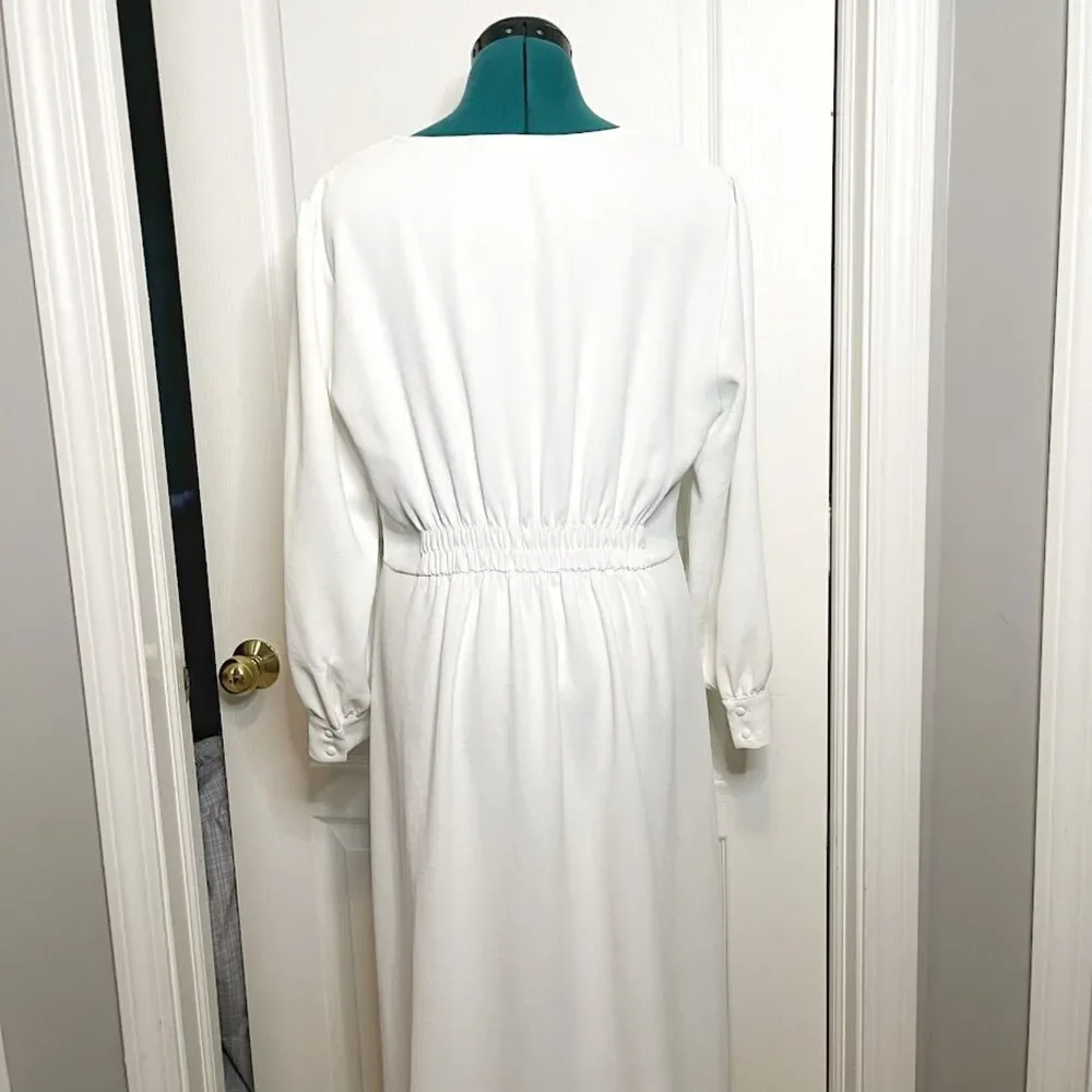 Zara Midi V Neck Button Down Front Smocked Polyester Textured Long Sleeve Dress - Picture 13 of 15